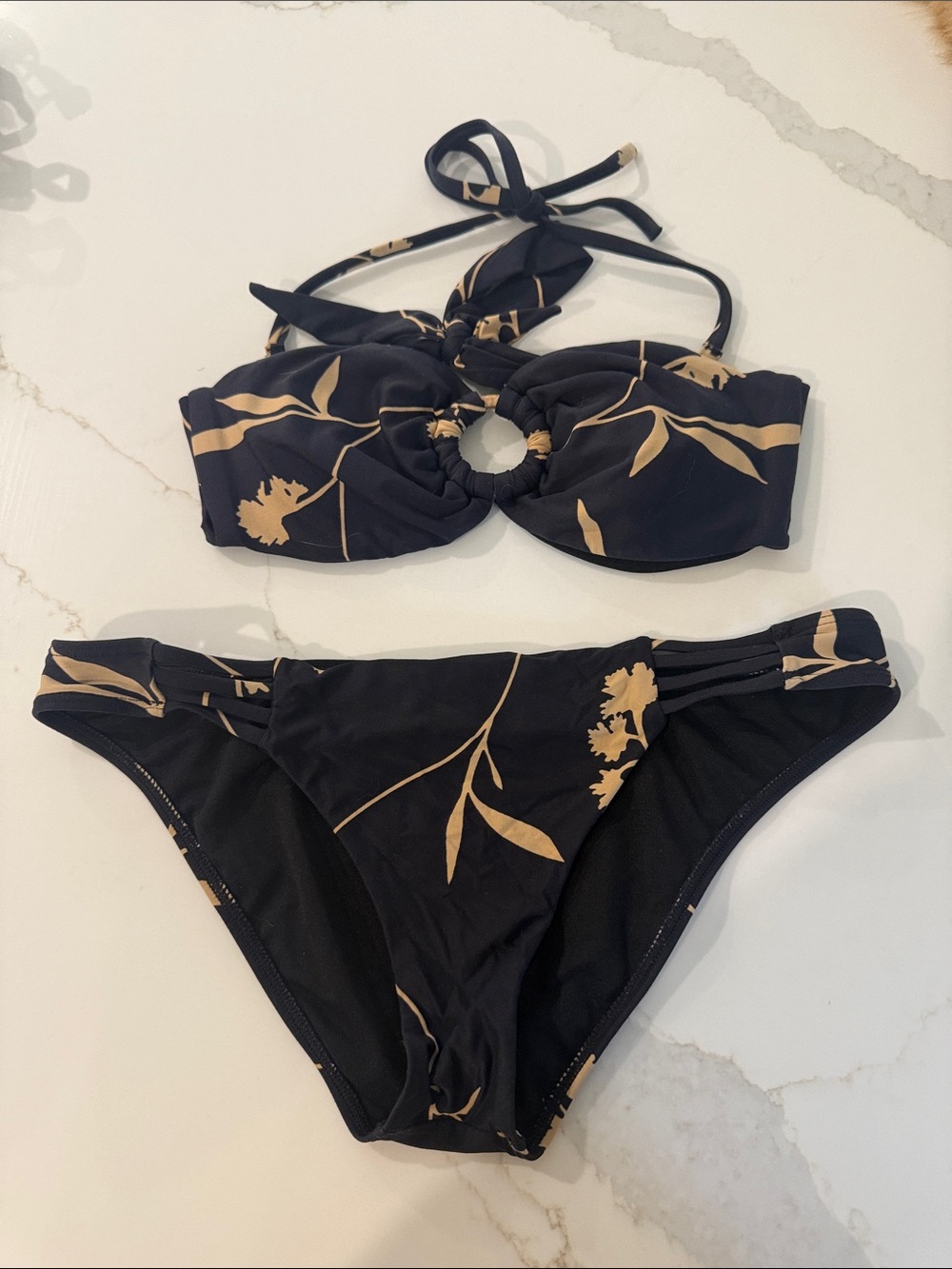Black & Tan Floral Ring-Front Bikini Set